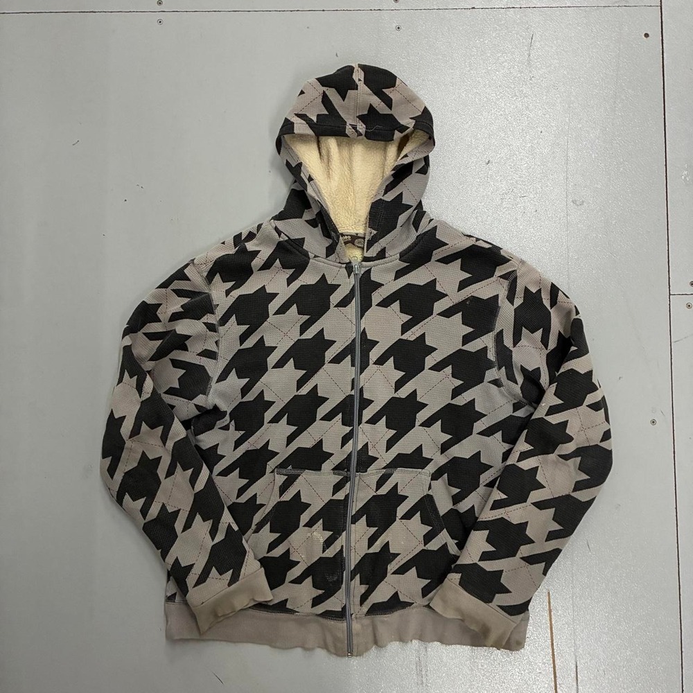 No Boundaries Mens Y2K Houndstooth Waffle Knit Fur Lined Zip Hoodie Grey Black